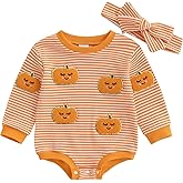 MERSARIPHY Newborn Baby Girl Boy Halloween Outfits Long Sleeve Stripe Waffle Knit Pumpkin Bubble Romper Fall Winter Clothes