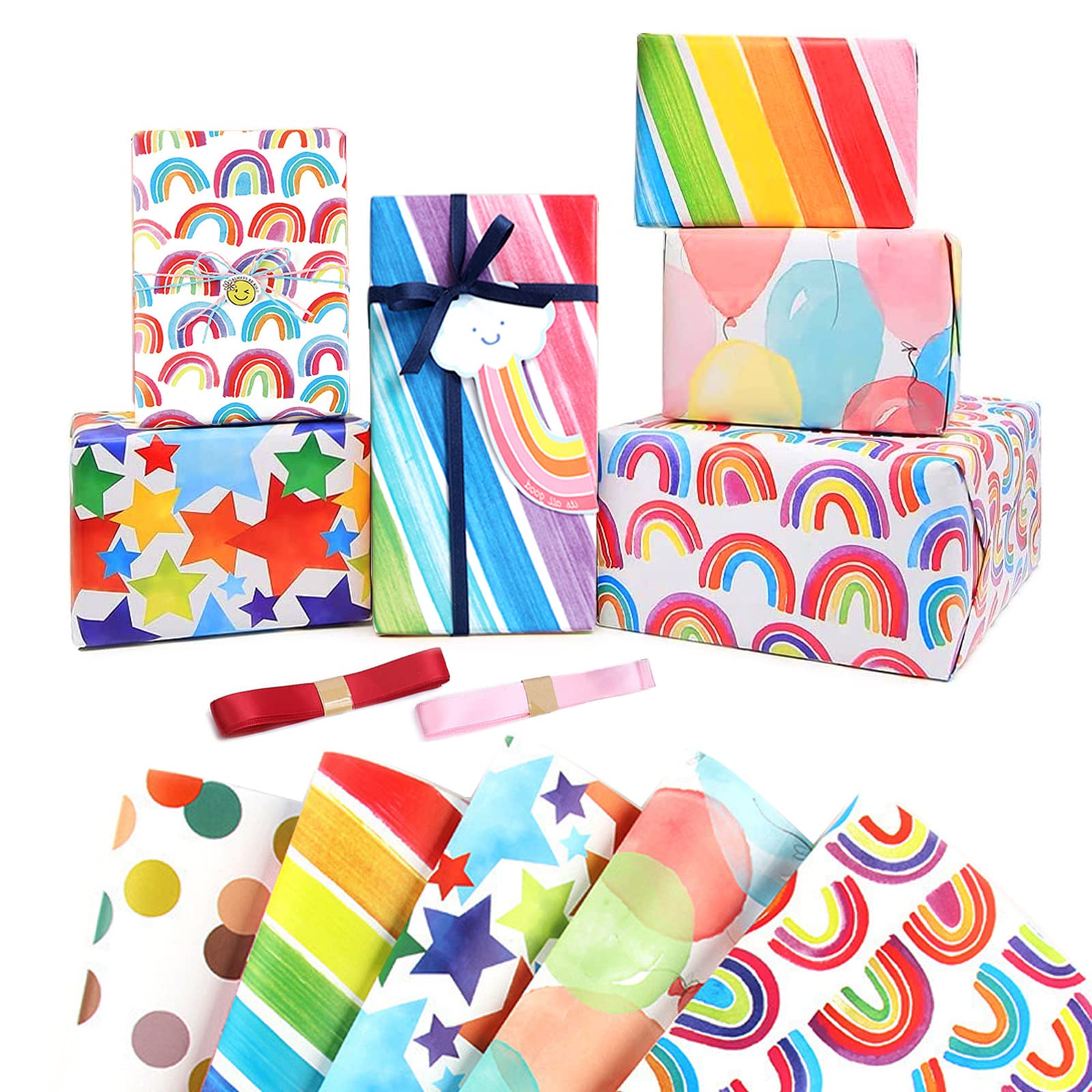 Jatidne 12 x Birthday Wrapping Paper Sheets Recyclable Gift Wrap Colorful Rainbow Wrapping Paper 70cm x 50cm