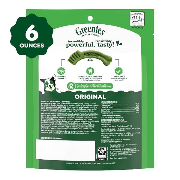 GREENIES VETERINARIAN-RECOMMENDED ADULT NATURAL DENTAL DOG TREATS REGULAR SIZE, DOG DENTAL CHEWS, ORIGINAL FLAVOR, 6 OZ. PACK, 6 COUNT