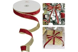 HUIHUANG Red Velvet Wired Ribbon 1 inch Red Velvet with Glitter Gold Christmas Ribbon for Tree Decorations, Gift Wrapping, Wreaths, Garlands, Bows- Continuous 20 Yards