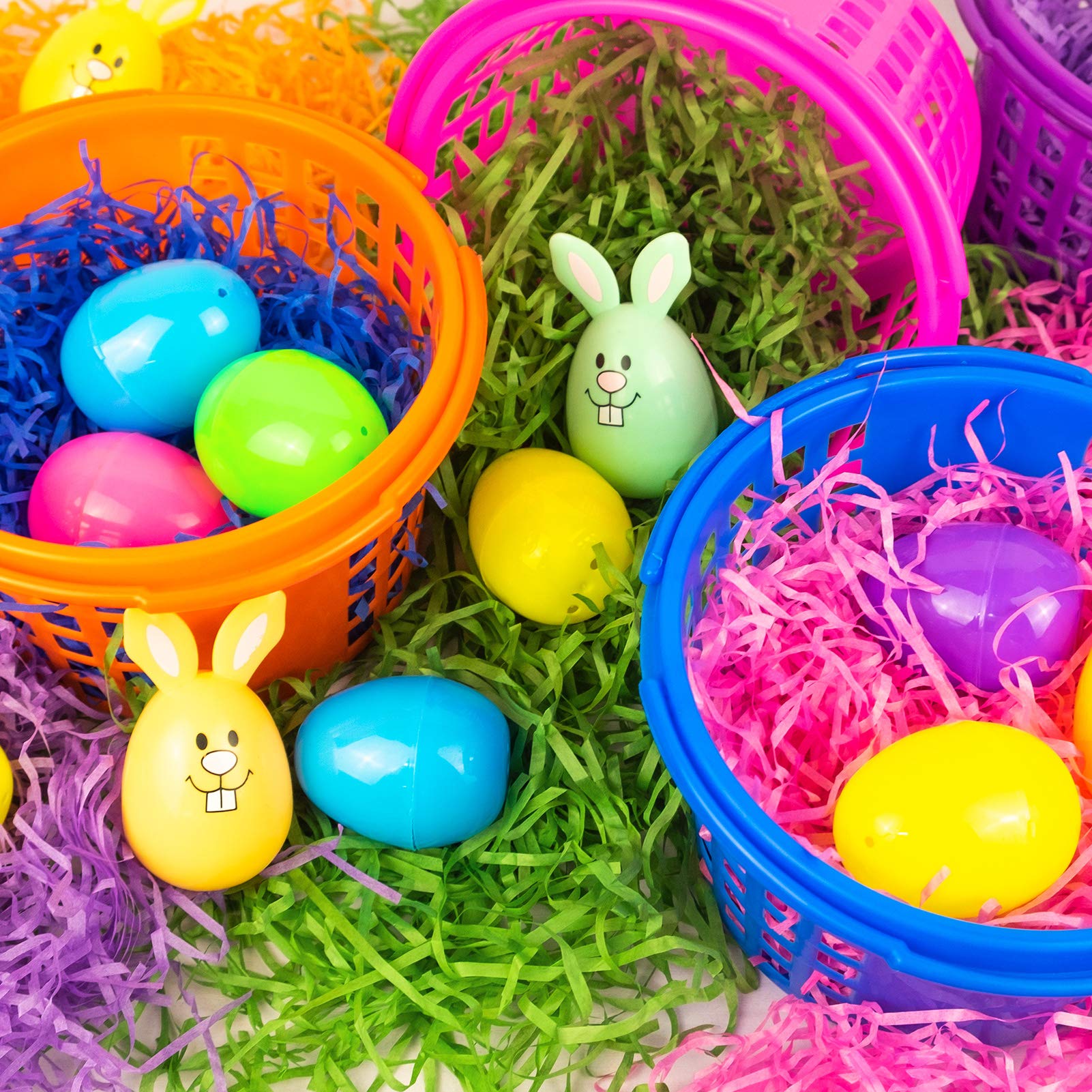 Evoio Easter Baskets for Kids, 24 Pack Plastic Easter Baskets Bulk for Egg Hunts Set, Easter Bucket Bags with 120g Easter Grass for Toddler Classroom Collecting Easter Eggs Party Favor