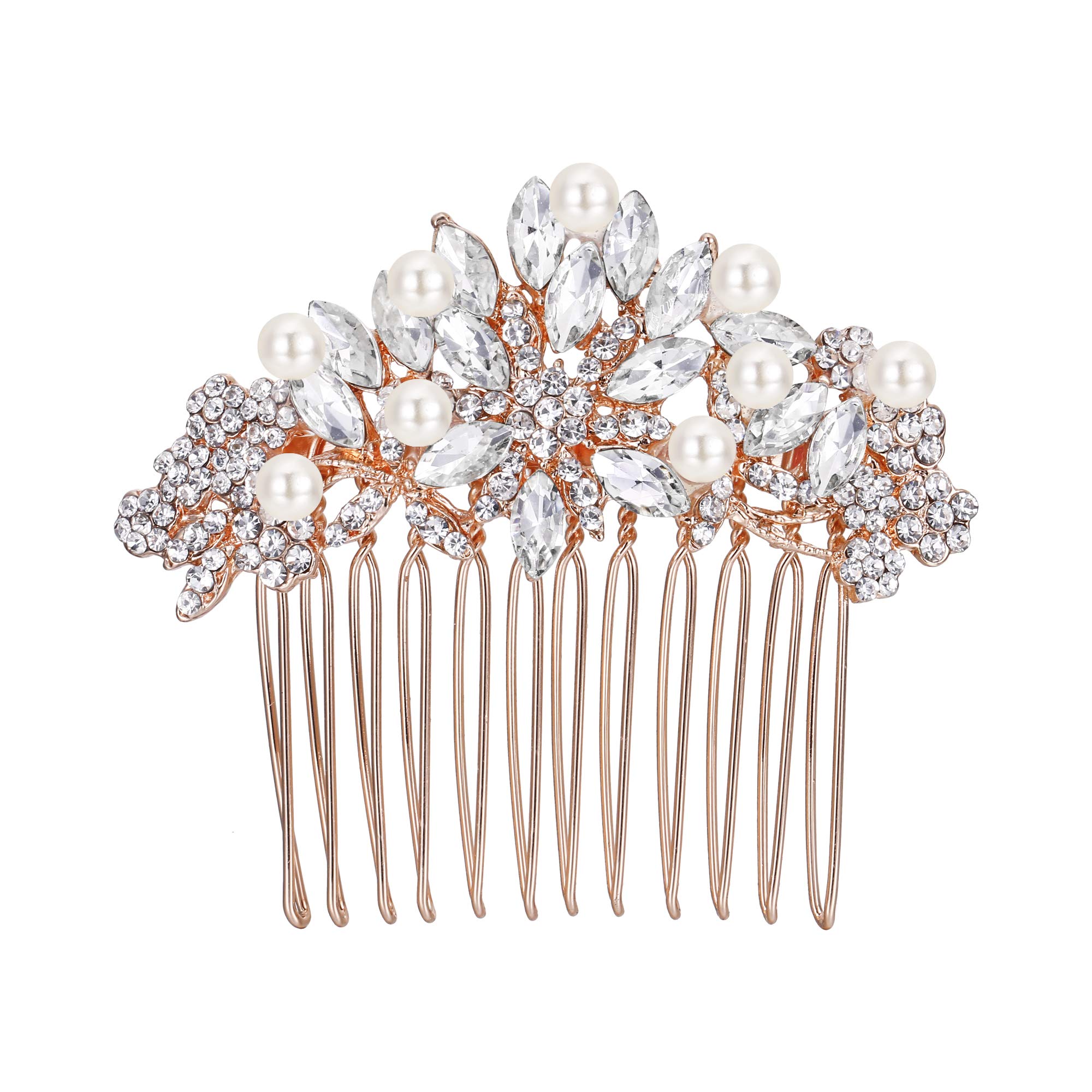 Ever Faith Austrian Crystal Cream Simulated Pearl Bridal Flower Leaf Hair Comb Clear Rose Gold-Tone