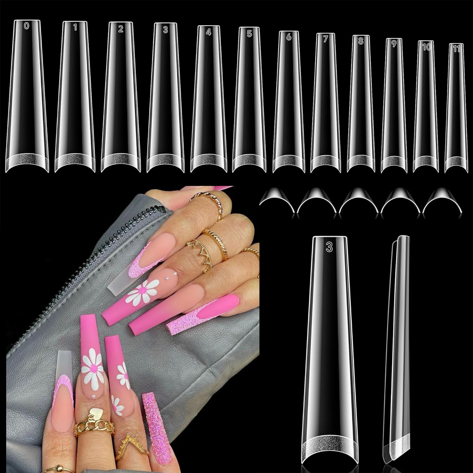 Photo 1 of 2XL Coffin Nails Tips - Luckyfairy XXL 120Pcs Half Cover Gel Nail Tips Straight Long Coffin Acrylic Nails Clear No C Curve Nail Tips For Nail Art Extensions Salon Diy Home 12 Sizes