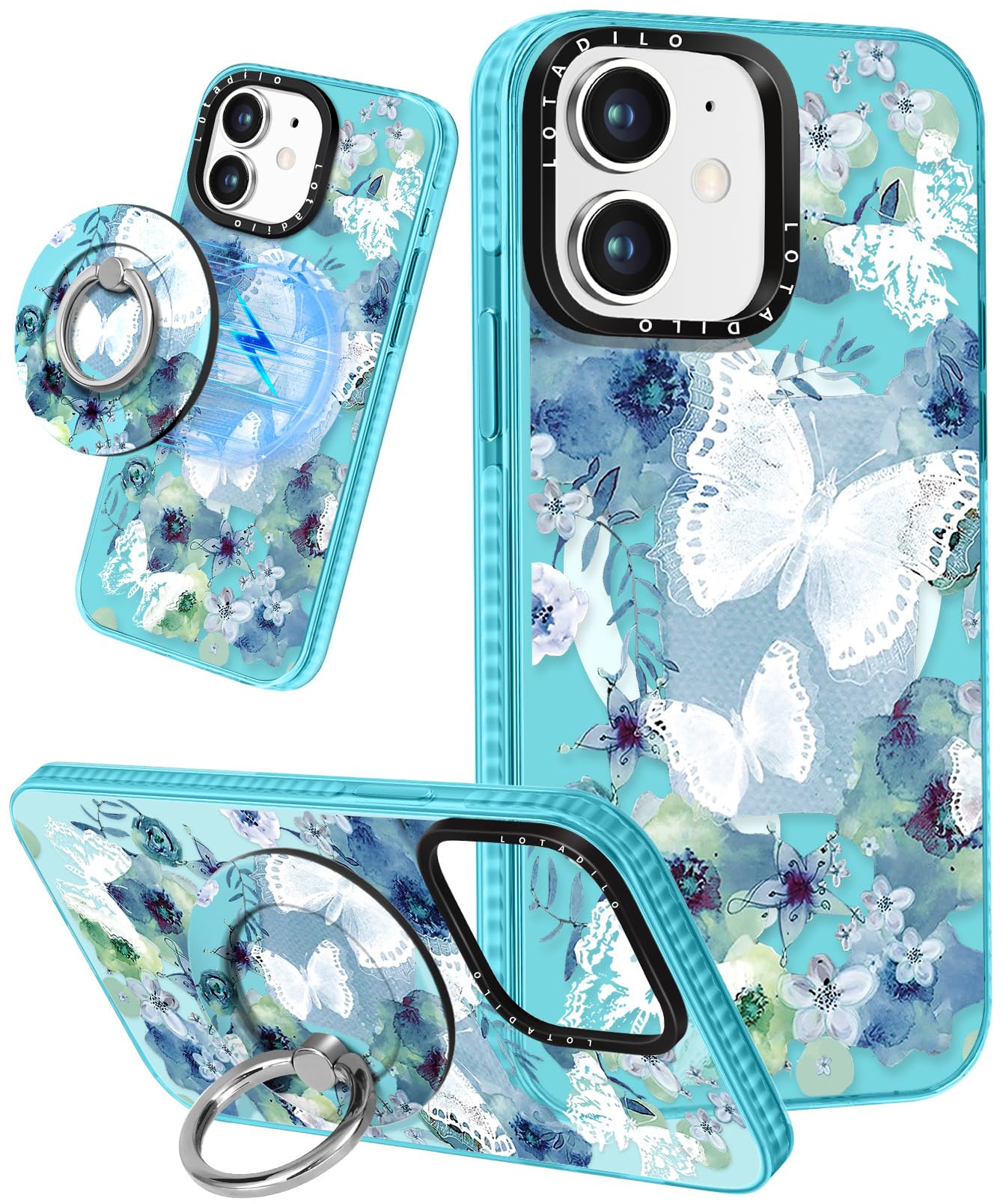 Lotadilo for iPhone 12 Case for Women Girls - Compatible with Magsafe Cute Design Magnetic Ring Holder Stand Butterfly Fashion Pattern TPU Phone Covers for iPhone 12 Phone Case