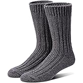 Tough Land 97% Merino Wool Crew Socks for Men & Women 2 Pairs – Classic Rib, Thick Wool Socks for Hiking, Work, Ski