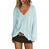 Panadila Women V Neck Oversized Sweaters Casual Off The Shoulder Sweater Knit Long Sleeve Tops Fall Outfits (Light Blue,L)