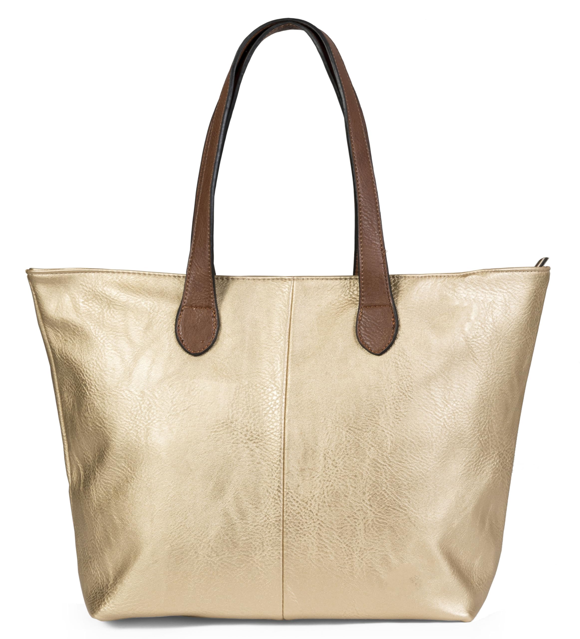 Mabel Womens Lightweight Plain Handbag - Soft 100% Vegan PU Leather Tote Shoulder Bag - Brook (Metallic Gold)