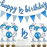 Skylety 1/2 Half Birthday Decorations 6 Months Outfit Baby Banner Cupcake Topper Triangle Flag Banner Confetti Balloons Cake Topper for Girl Boy Half Year Birthday Party Photoshoot Props(Dark Blue)