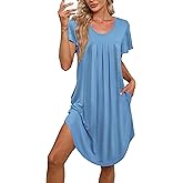 Bestshow Women's Pleated Front Loose Fit Short Sleeve Nightgowns Sleep Dress with Hand Pockets (S - 5XL)