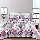 Dinjoy Purple Quilt Set Queen Size, Reversible Floral Plaid Patchwork Pattern Bedding Set Soft Microfiber Lightweight Bedspread Coverlet 3 Piece Spring Summer Use (90x90 inches)