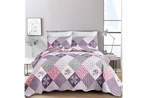 Dinjoy Purple Quilt Set Queen Size, Reversible Floral Plaid Patchwork Pattern Bedding Set Soft Microfiber Lightweight Bedspread Coverlet 3 Piece Spring Summer Use (90x90 inches)