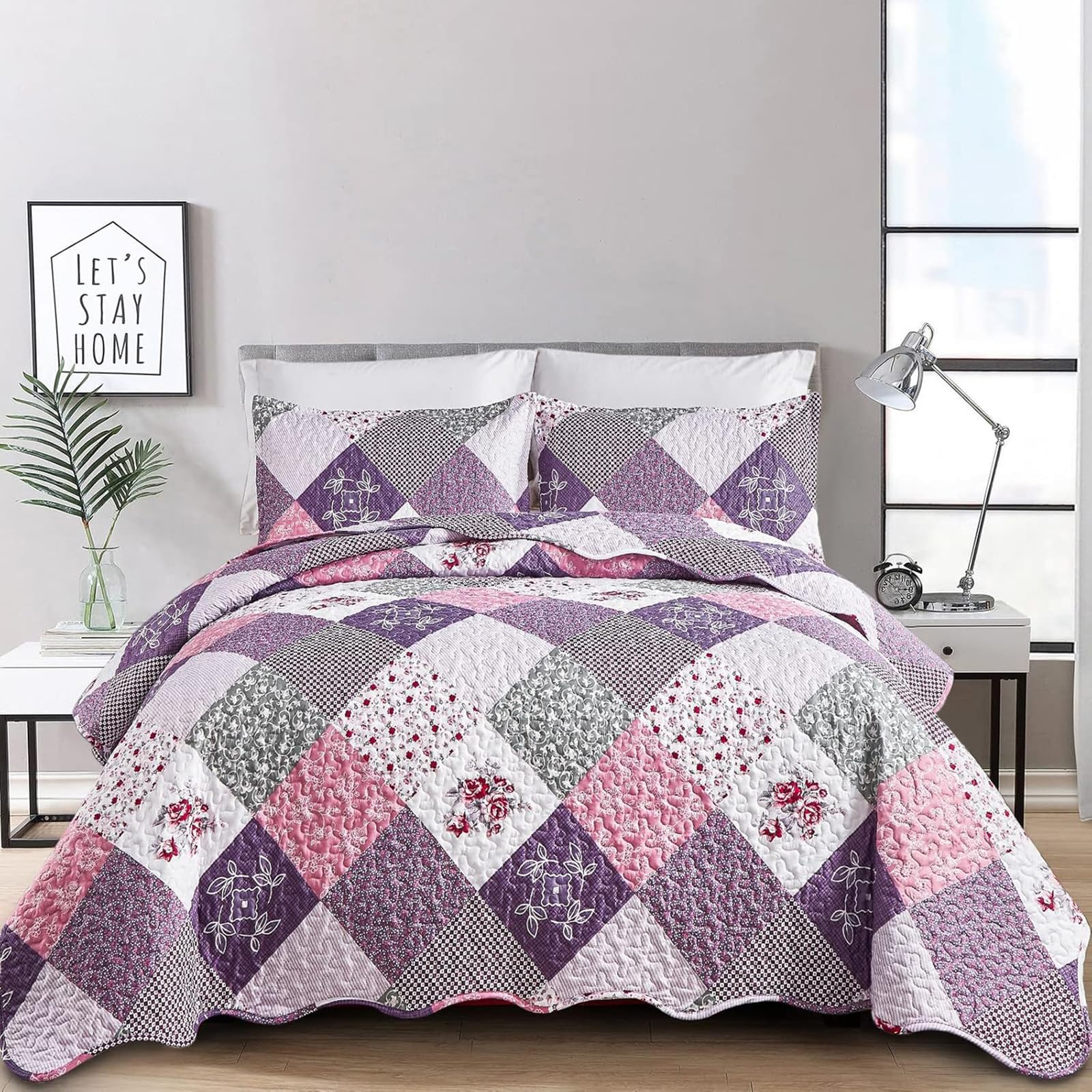 Photo 1 of Dinjoy Purple Quilt Set Full Size, Reversible Floral Plaid Patchwork Pattern Bedding Set Soft Microfiber Lightweight Bedspread 3 Piece Spring Summer Fall Use (78x90 inches)