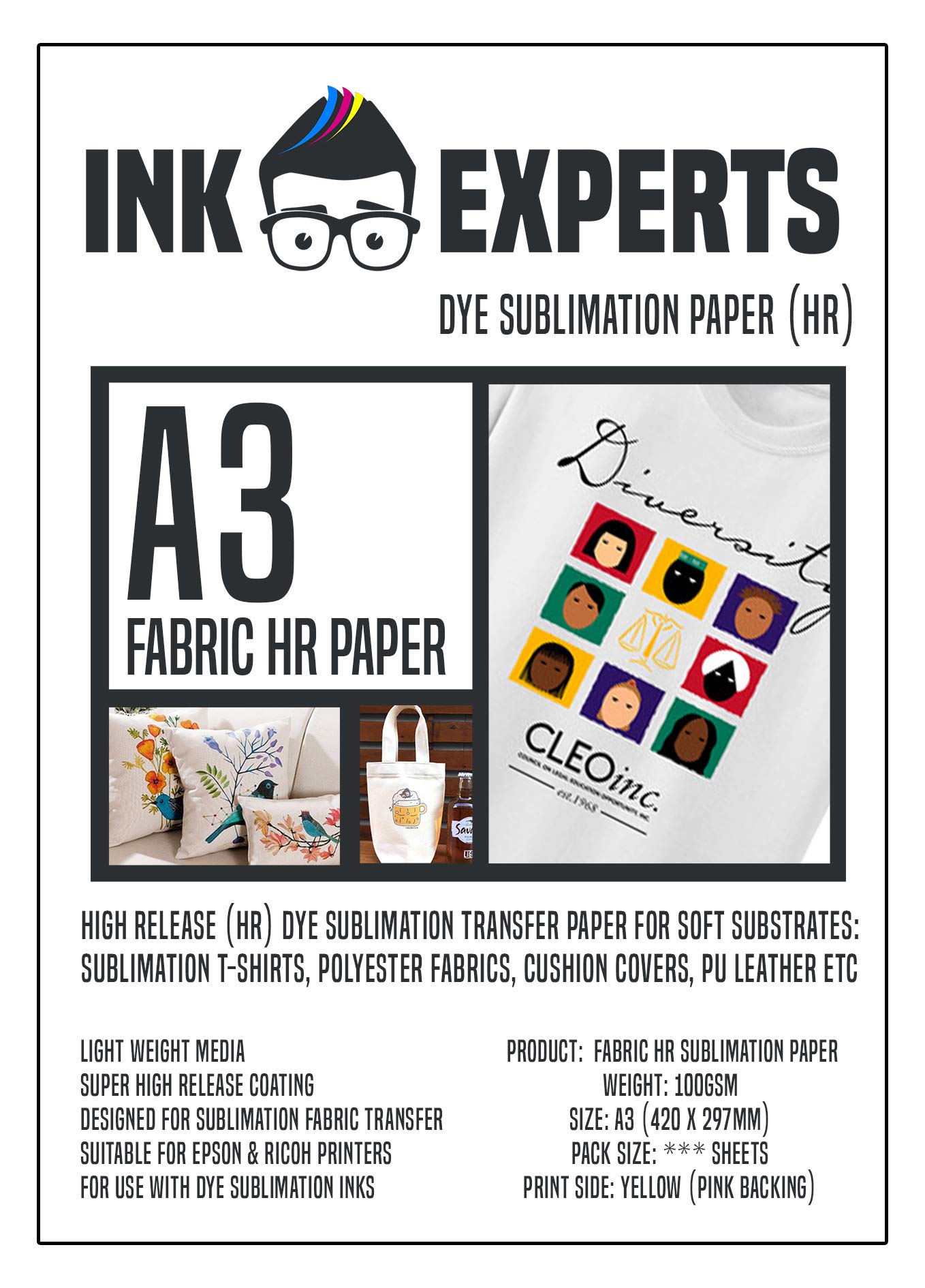 Ink Experts Fabric A3 High Release (HR) Sublimation Paper 100gsm (50)