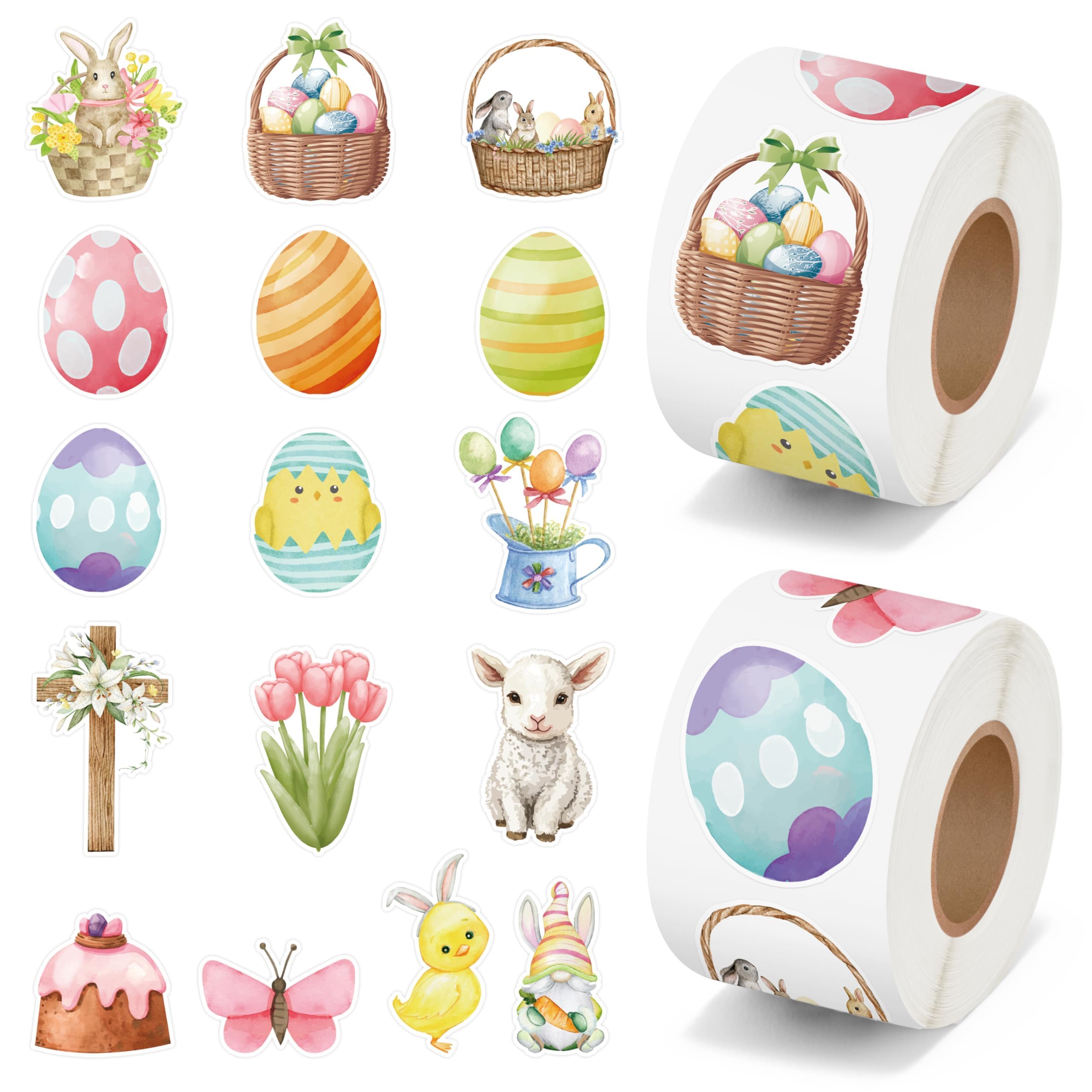 5wsech Easter Spring Watercolor Roll Stickers - 1000Pcs Colorful Egg Flower Chick Bunny Aesthetic Vinyl Stickers, Happy Easter Party Gift Waterproof Decals for Home Decor Laptop Guitar, in 16 Designs