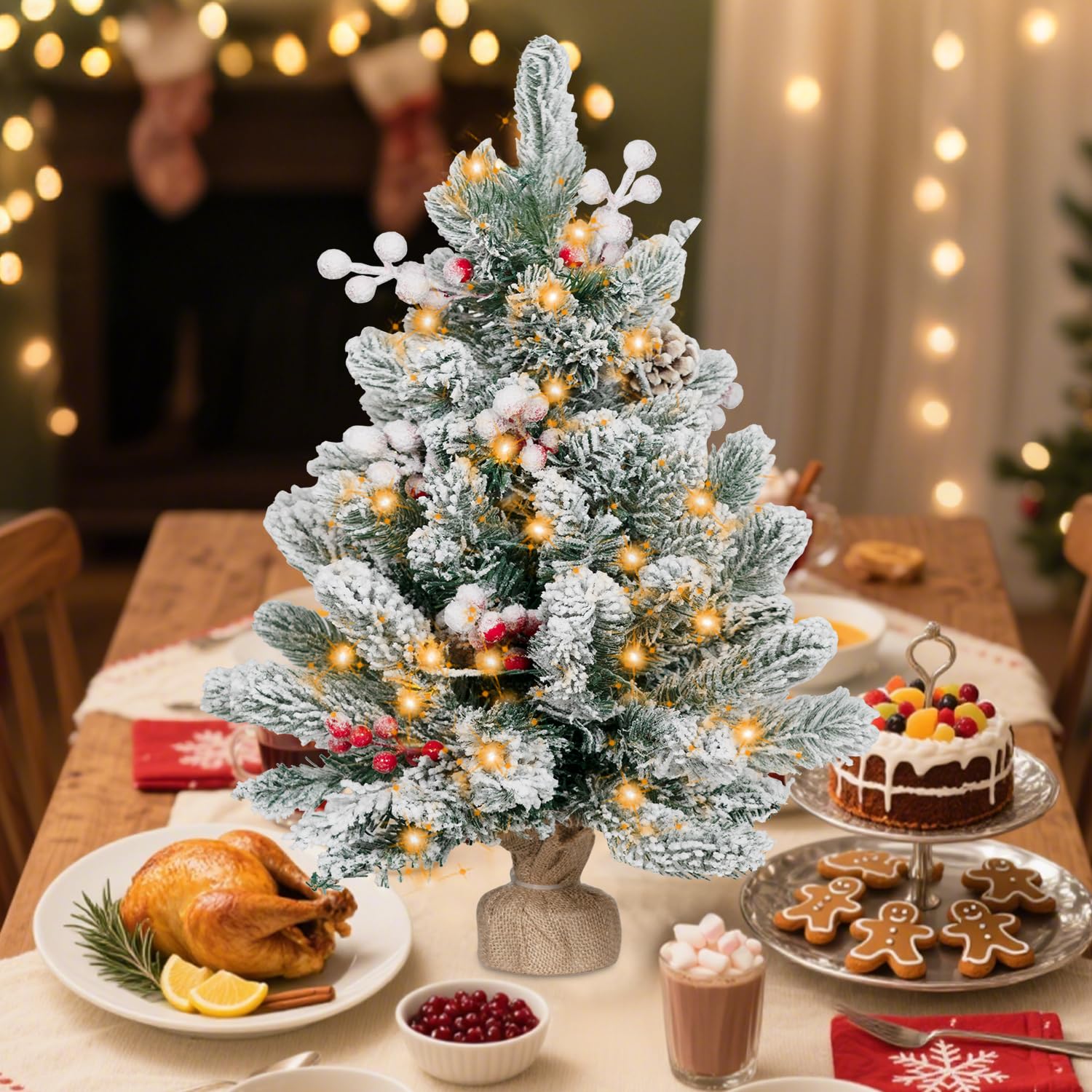 Photo 1 of ININ 2FT Pre-lit Mini Christmas Snow Flocked Tree,Tabletop Artificial Christmas Tree with LED Lights, Small Xmas Pine Tree with Cloth Bag Base for Christmas Decor,12 Clusters Berry & 8 Pinecones