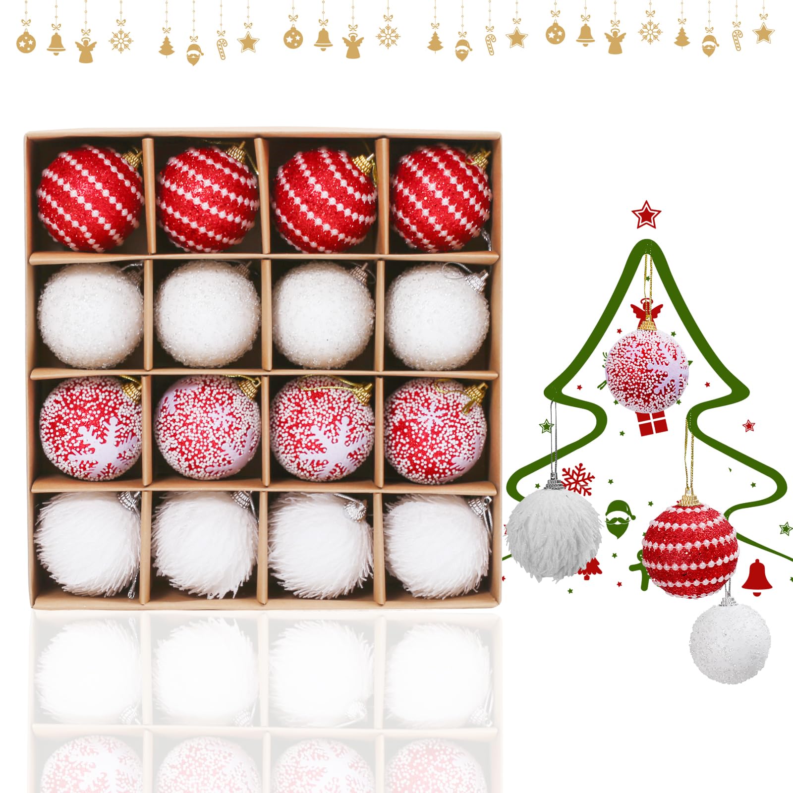 16PCS 6cm Christmas Baubles - Red & White christmas tree decorations,christmas ornaments for the home