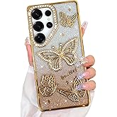 Bonoma Glitter Case for Samsung Galaxy S25 Ultra, Cute 3D Butterfly Pattern Plating Bling Case,Camera Protection Sparkly Slim Soft Back Cover for Women Girls,Gold