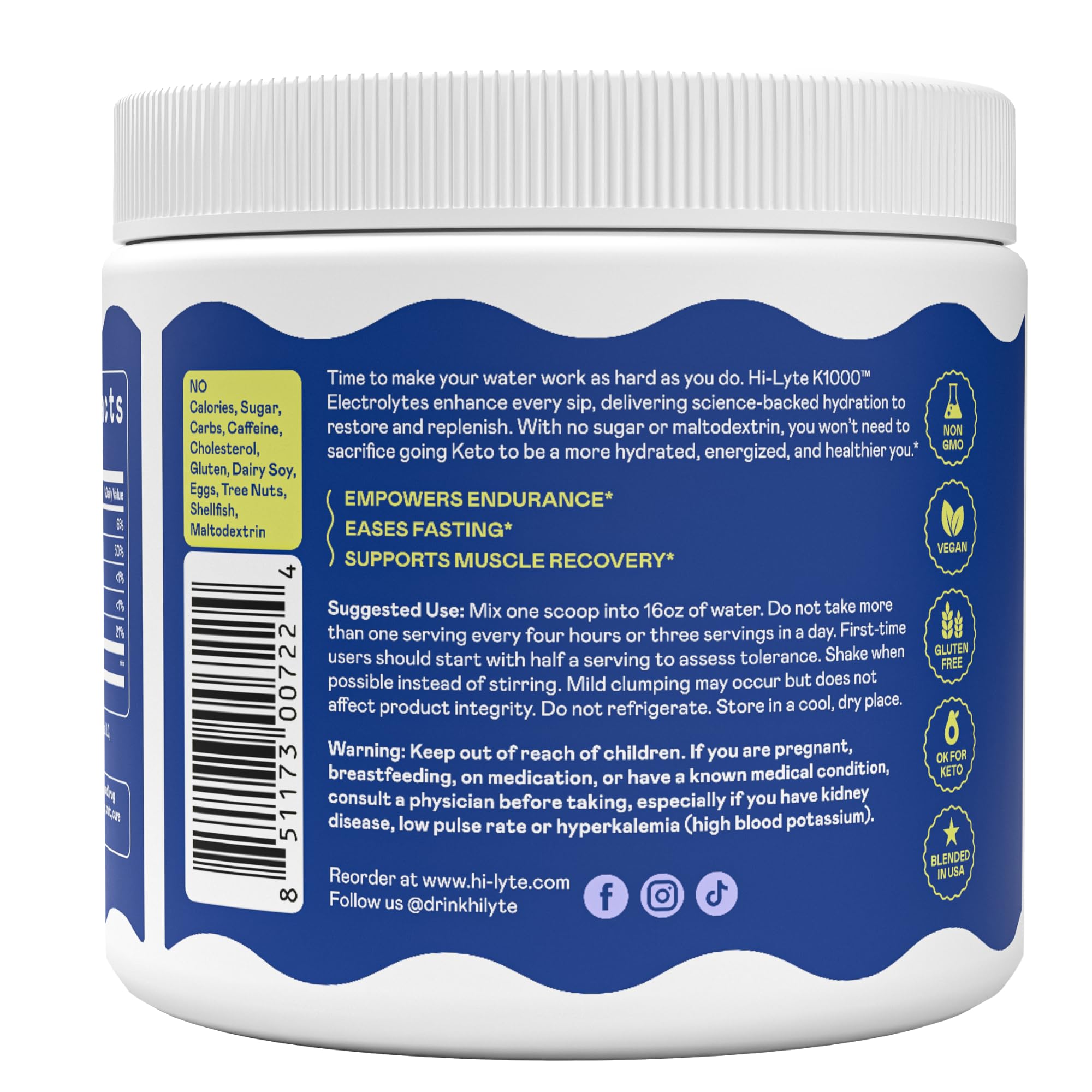 Hi-Lyte K1000 Electrolytes Powder Mix Unflavored Keto & Performance, 50 Servings