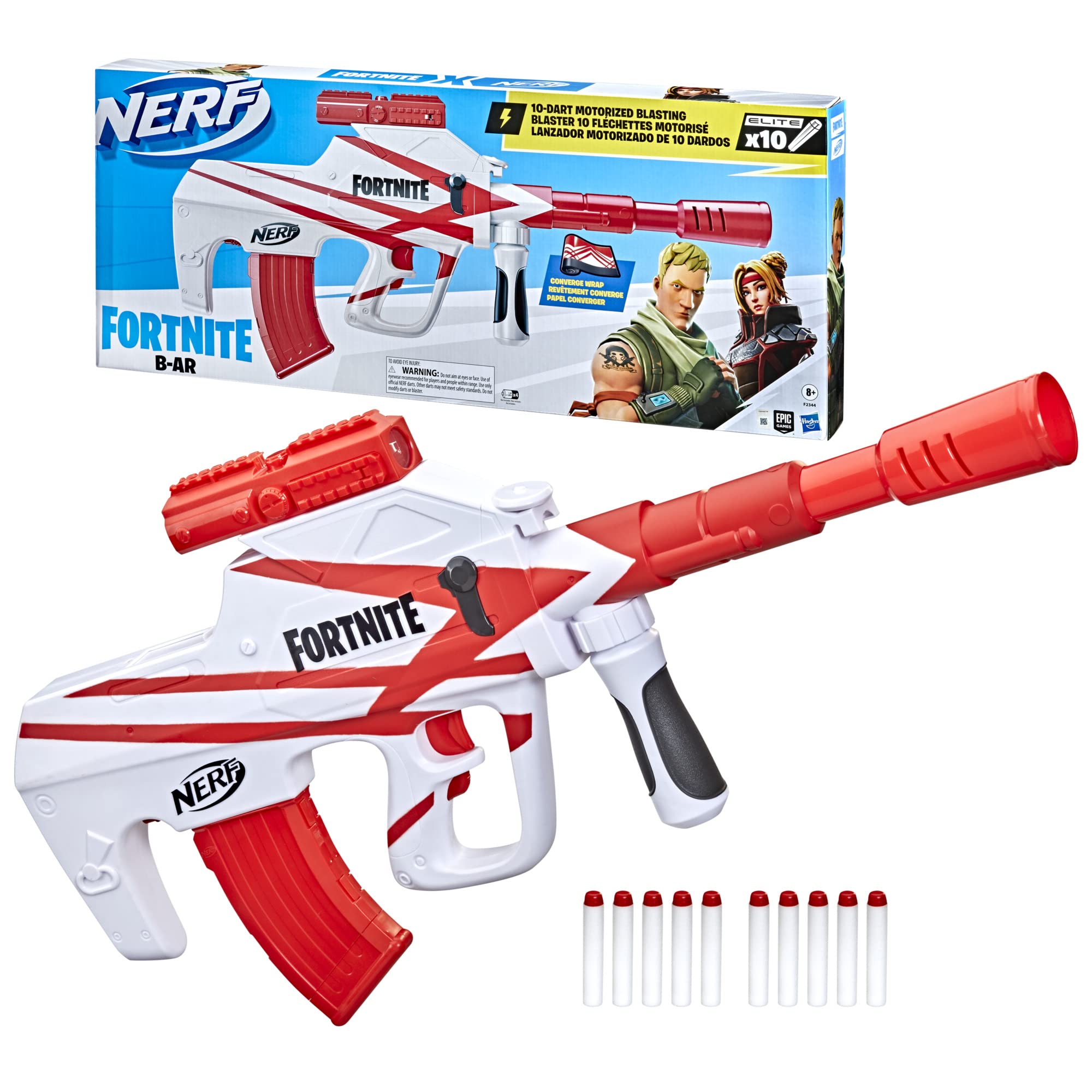 Nerf Fortnite B-AR Motorized Dart Blaster -- Fortnite Converge Wrap, Motorized 10-Dart Blasting, 10-Dart Clip, 10 Official Nerf Elite Darts