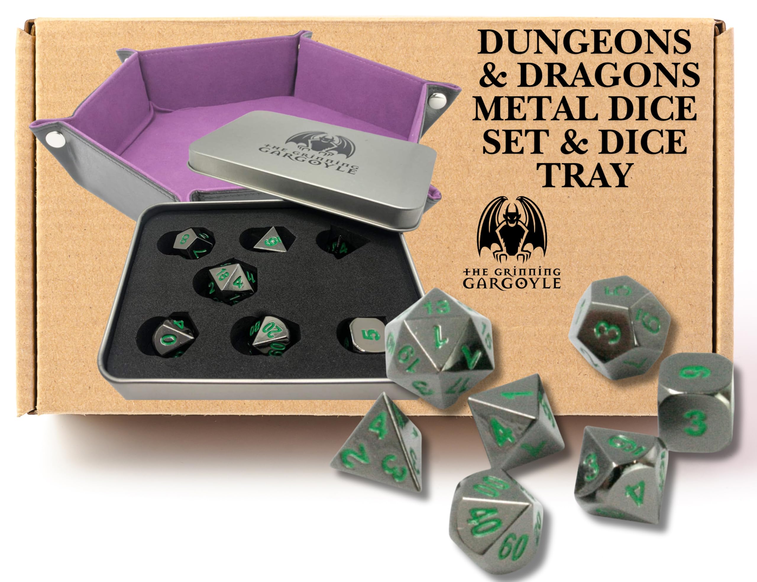 Metal Dice Set D&D - 7 Polyhedral Dice with Gift Box - Hexagon Purple DnD Rolling Tray for RPG Tabletop Games - DnD Folding Tray