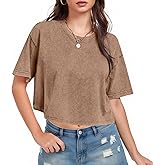 Womens Cropped Tops Acid Wash Short Sleeve T-Shirt Baggy Cotton Tee Vintage Round Neck Basic Tees Casual Shirts