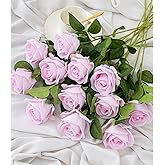 Hawesome 12PCS Artificial Flowers Fake Roses, Realistic Velvet Long Stem Red Roses Bouquet for Wedding Centerpiece Home Decor Party & Valentines (Light Pink)