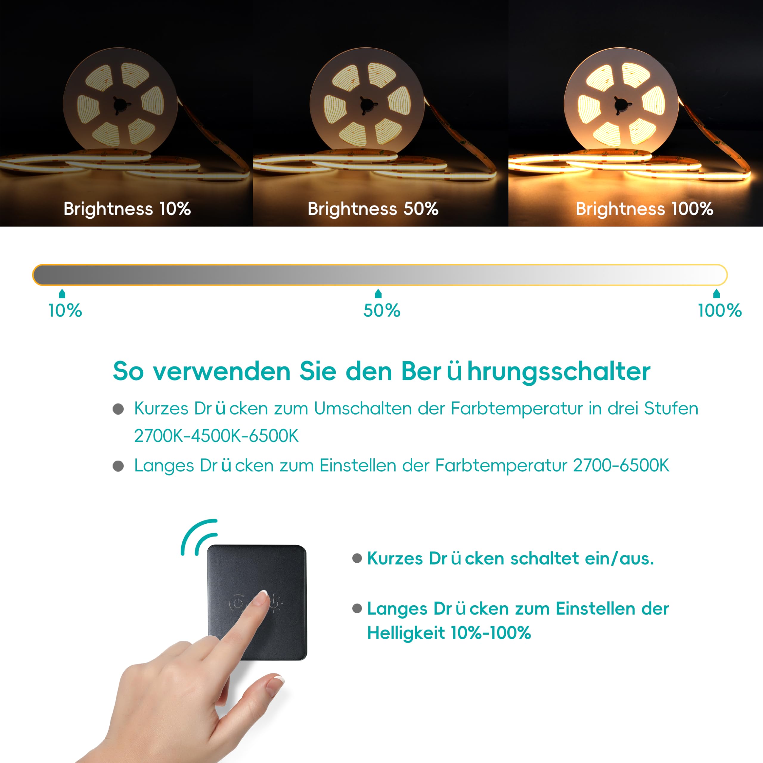 lichtvoll 24V COB Led Streifen Led Strip Led Band 5M 480LEDs/m, Flimmerfrei Dimmbar mit Touch-Schalter, 2.4G Controller 60W Netzteil, Geeignet für Küche Wohnzimmer, Kompatibel mit Alexa Hey Google 5