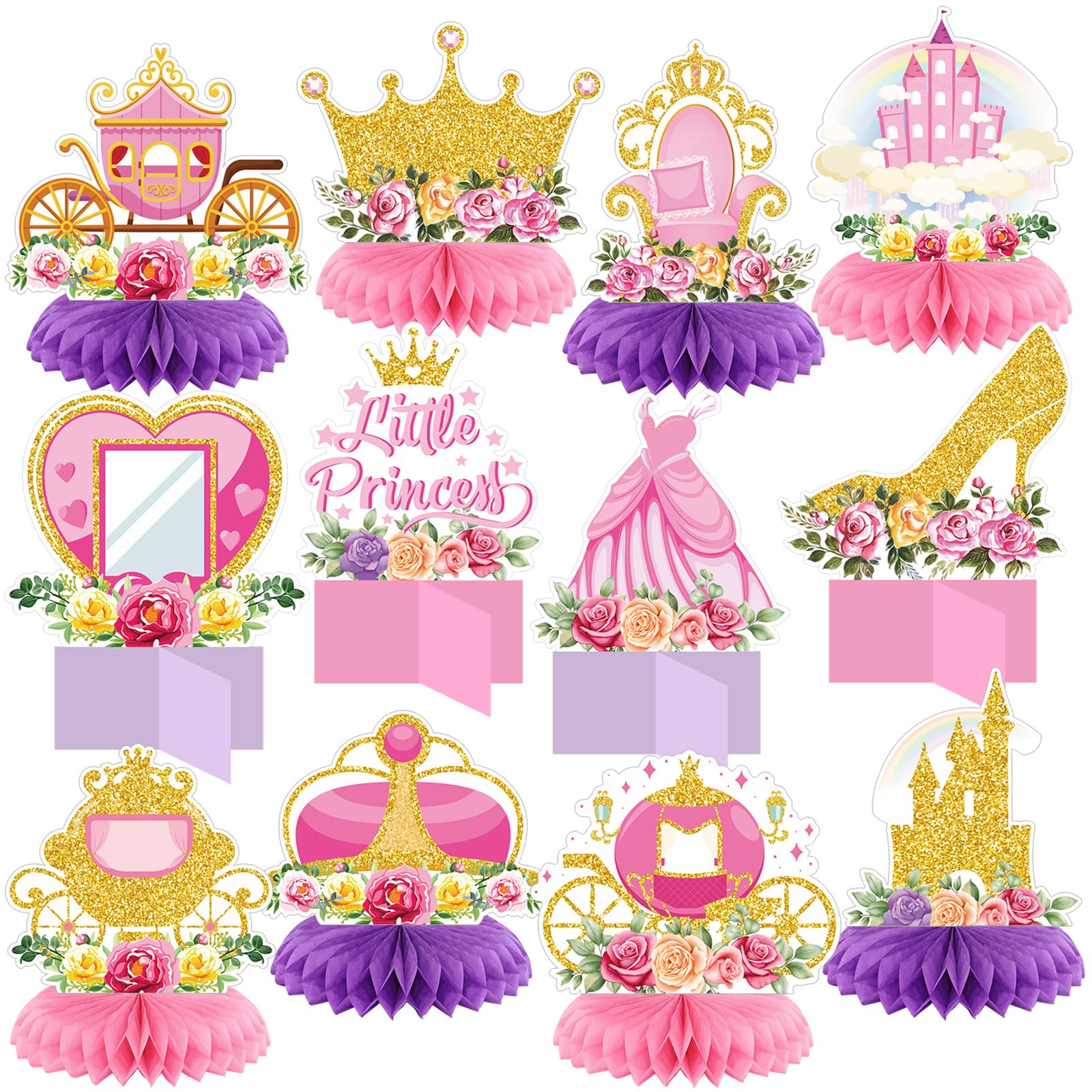 Photo 1 of 12 Pcs Floral Princess Birthday Party Decorations Princess Honeycomb Centerpieces Pink Gold Flowers Castle Crown Carriage Princess Centerpieces Table Toppers Baby Shower Party Favors Supplies