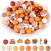 240 Pieces Fall Wooden Beads Thanksgiving Orange Craft Wood Beads Pumpkin Maple Leaf Gnome Plaid Colorful Bubblegum Bead for Harvest Halloween Craft Jewelry Making Home Party Decor