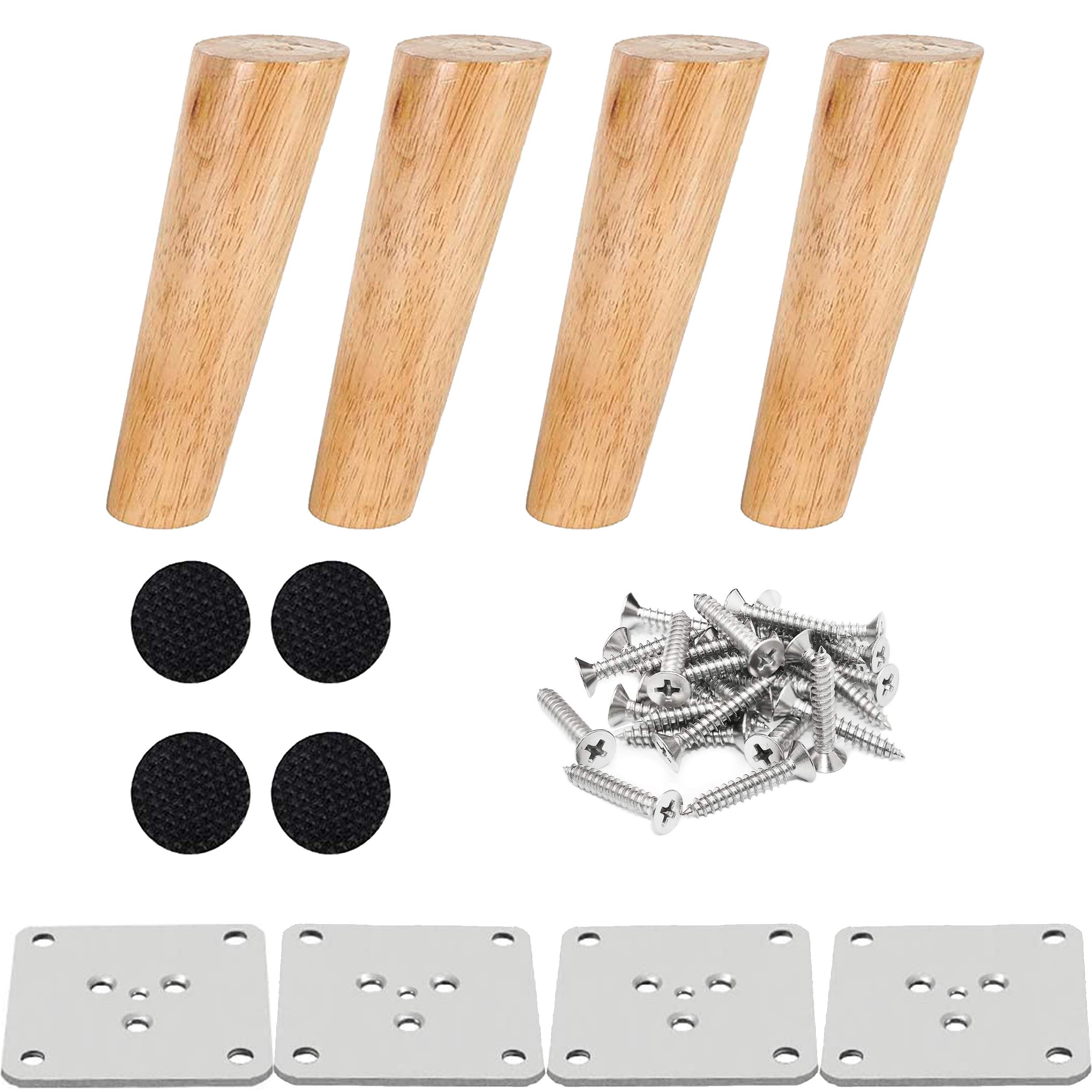 Drenky 4 Pcs 15cm Wooden Furniture Legs Solid Tapered Wood Table Legs Oblique Sofa Legs Replacement Furniture Feet with Mounting Plate Screws And Anti-Slip Protector
