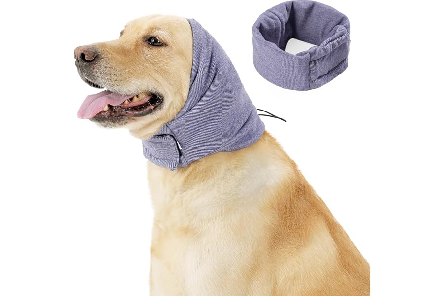 Kodervo Quiet Ears for Dogs - Adjustable Ear Covers for Noise, No Shake Dog Head Wrap, Dog Calming Hood for Thunder, Lightning, Fireworks, Vet Visits, Polyester and Stretch Cotton Blend, Purple Medium