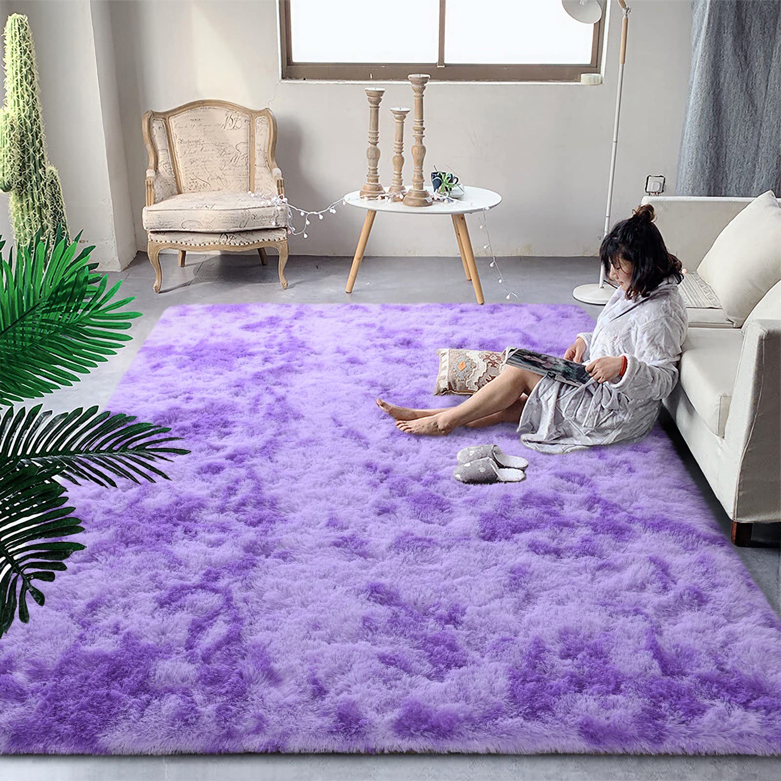 DweIke Fluffy Purple Shag Rugs for Bedroom Living Room, 6x9 Large Soft Plush Tie-Dyed Light Purple Girls Boys Kids Rug, Upgraded Non-Slip and Machine Washable Carpet for Dorm Nursery Classroom Decor