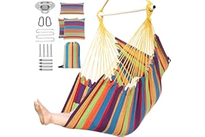 PNAEUT Hammock Chair XXL Size, Hanging Chair, Swing Chair, Max 550 Lbs, Patented Headrest, 2 Cushions, Large Size with Pocket, Steel Spreader Bar, Hardware Kits and Bag for Indoor Outdoor (Colorful)