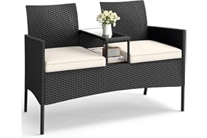 HAPPYGRILL Outdoor Rattan Loveseat, 2-Seat Patio Conversation Set with Built-in Coffee Table, Cushions, Wicker Bench Furniture for Backyard, Garden, Balcony, Porch (Beige)