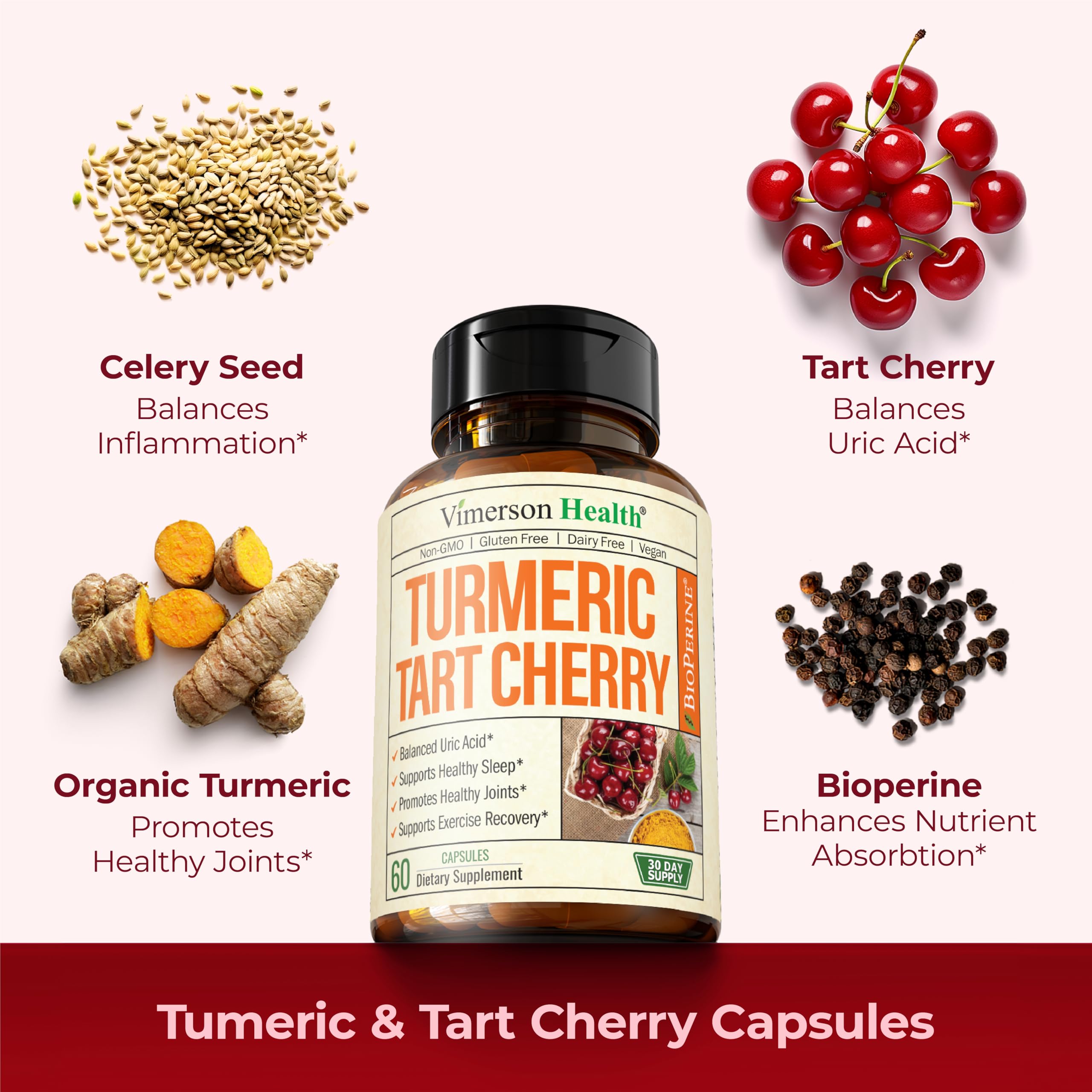 Turmeric Supplement with 10:1 Tart Cherry Extract, Turmeric Curcumin with Black Pepper & Organic Tumeric. 600mg Tart Cherry Capsules. Aids Uric Acid Balance, Joint, Muscle, Sleep Support. 60 Capsules