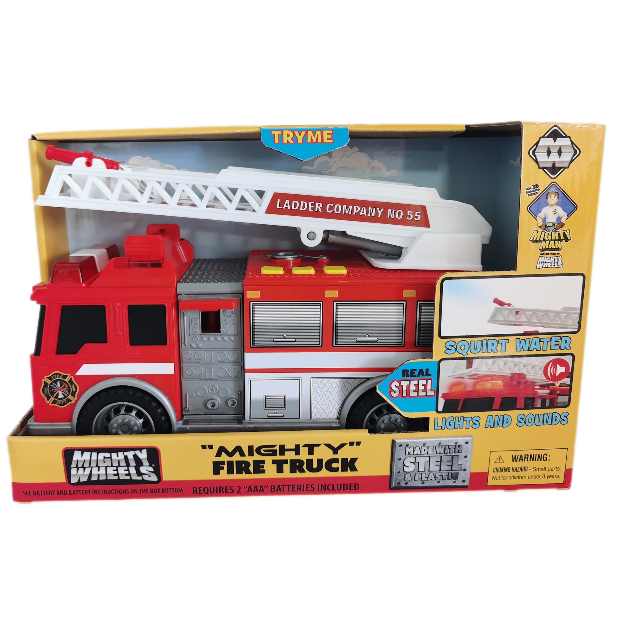 Mighty Wheels Steel Fire Truck Toy 10" - Large Free-wheeling Toy Truck with Sounds and Lights and Movable Ladder - Durable Steel and Plastic Fire Engine Toys for 3+ Year Old Boys and Girls