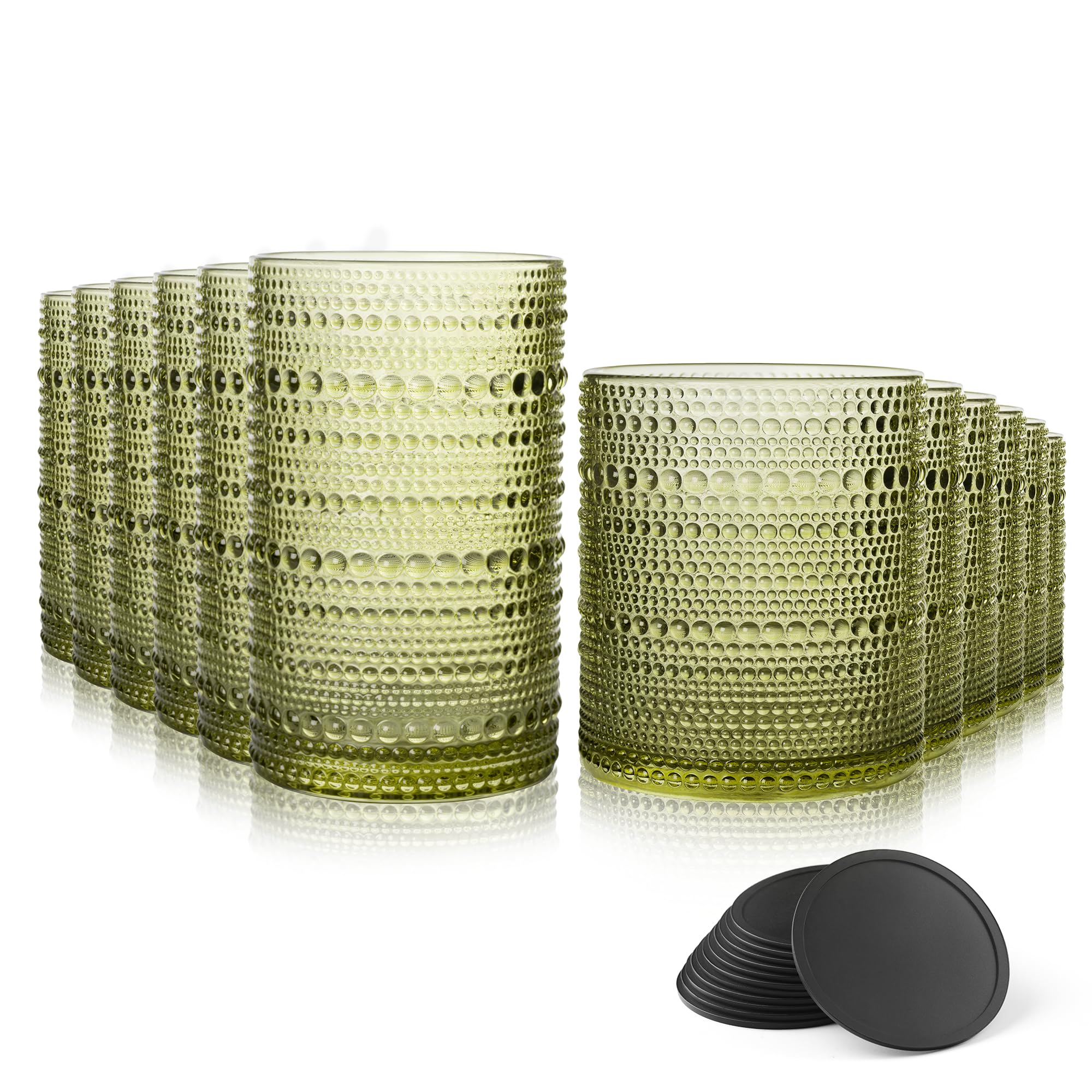 Photo 1 of DmmyAlzx Hobnail Drinking Glasses Set of 12 Count, Vintage Glassware, Old Fashioned Glasses, 6 Highball Bubble Drinking Cups 15 oz, 6 Rocks Cups 14.5 oz with 12 Silicone Coasters, Green