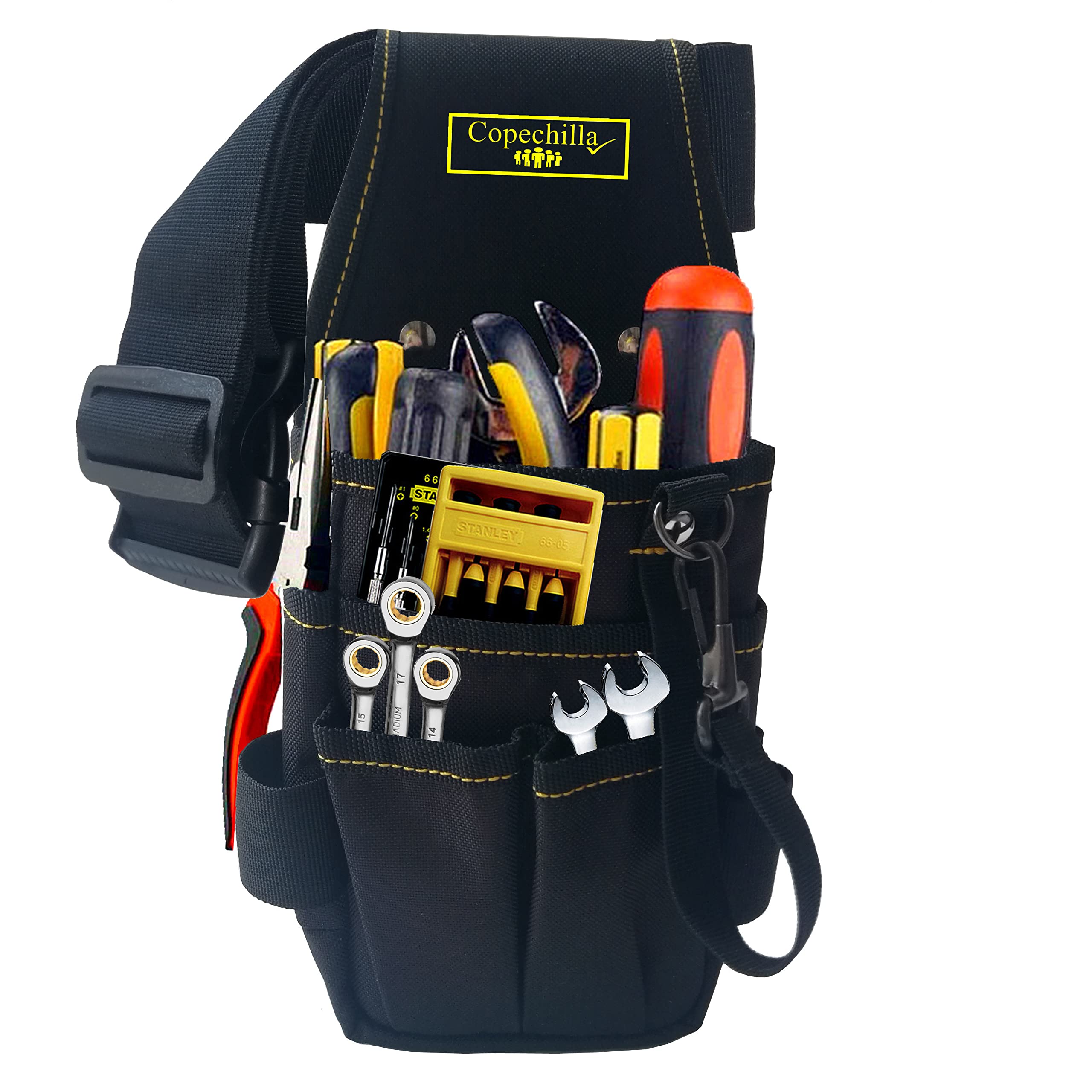 Copechilla Professional Tool Bag Black with Adjustable widening Comfortable Belt,Rivet Reinforcement-Double-Layer Thick Nylon Material-Strong and wear Resistant,for Professional or Family
