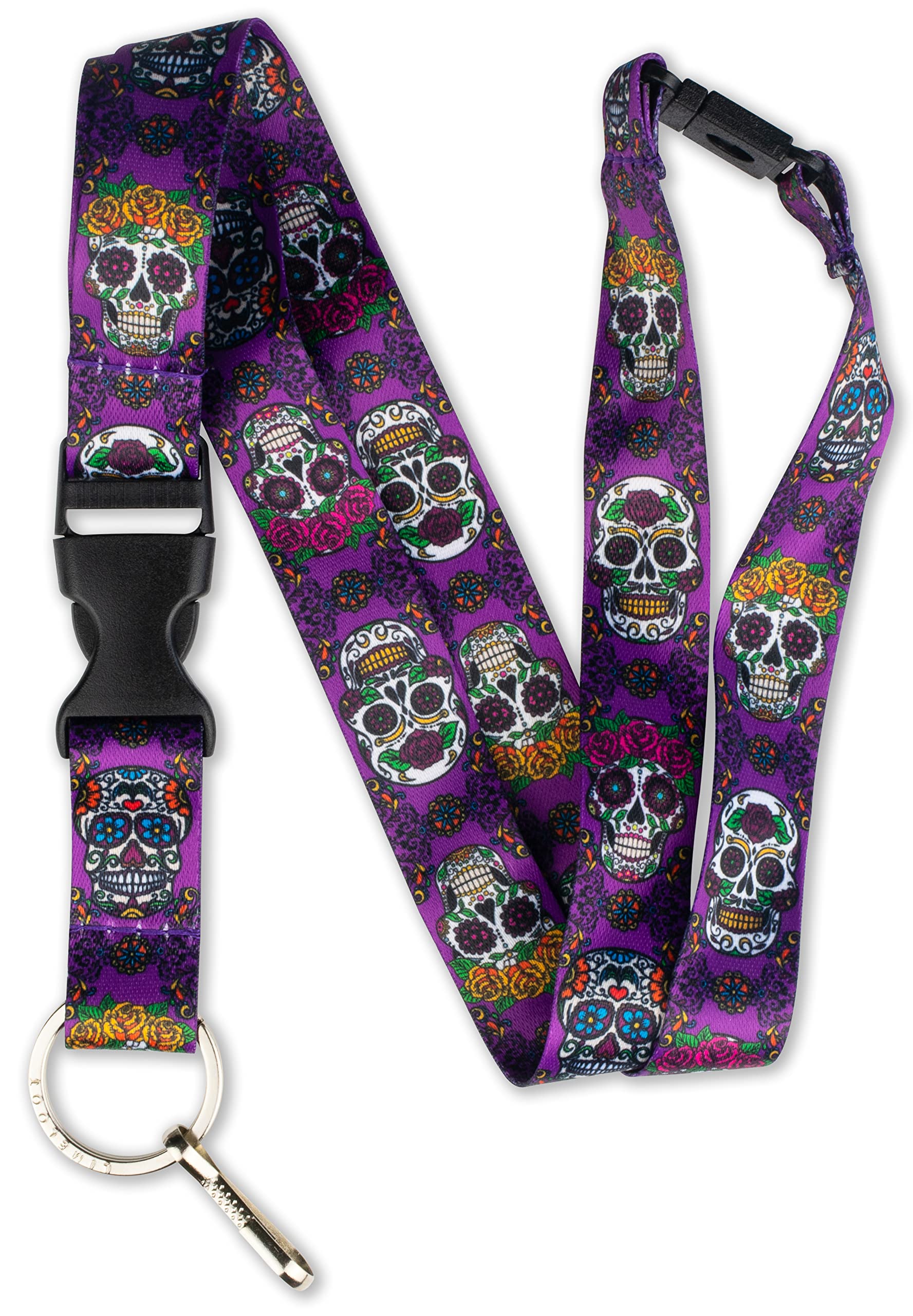 Limeloot Purple Sugar Skull Lanyard - Sugar Skull ID Holder Lanyard for Keys, ID badges, and Accessories. Includes Buckle, Breakaway, and Flat Ring, Purple Sugar Skulls, Default