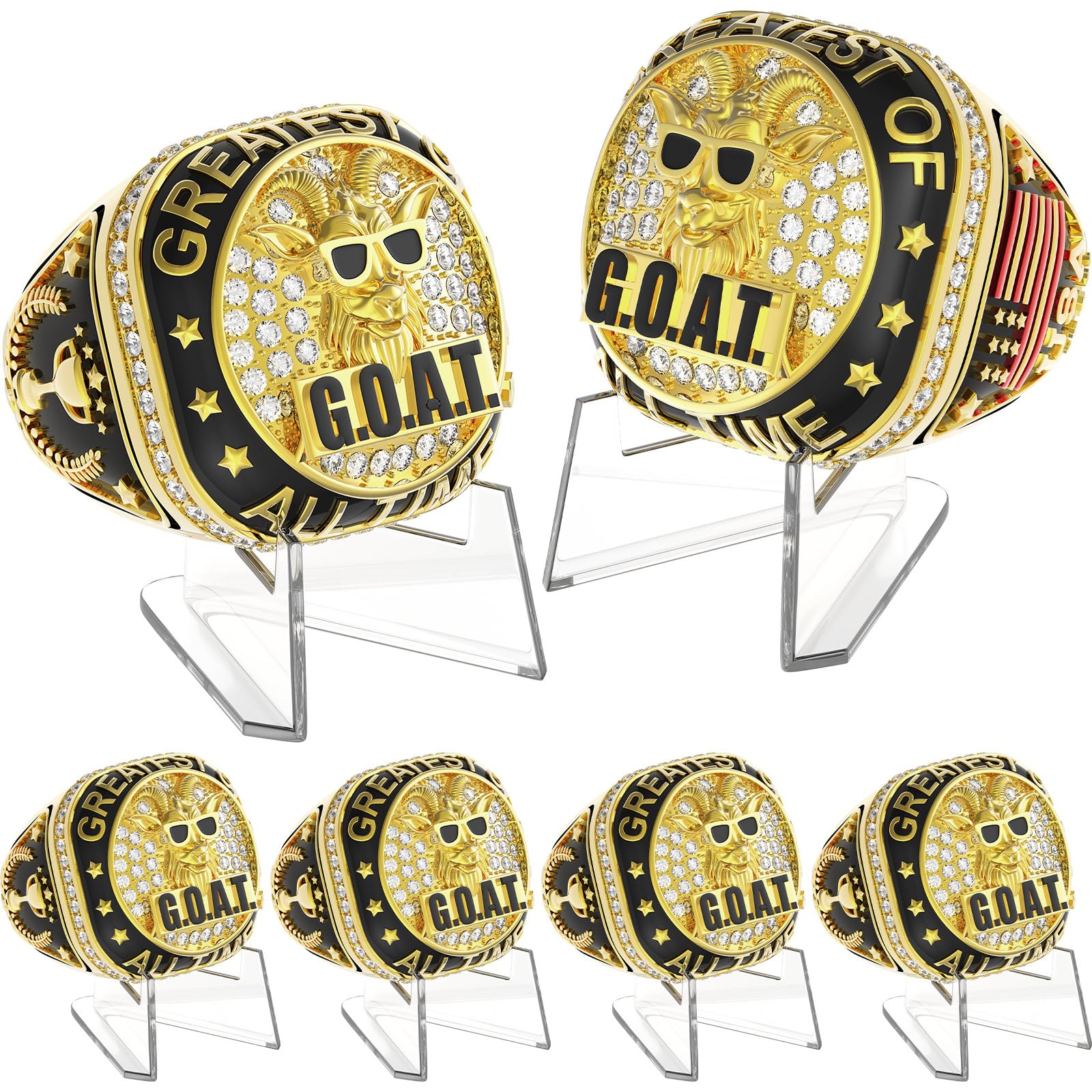 Photo 1 of Misdary Goat Championship Rings with Holder Most Valuable Player Greatest of All Time Gold Ring Award Gift Sports Team Prize for Tournament Winner(6 Pcs)