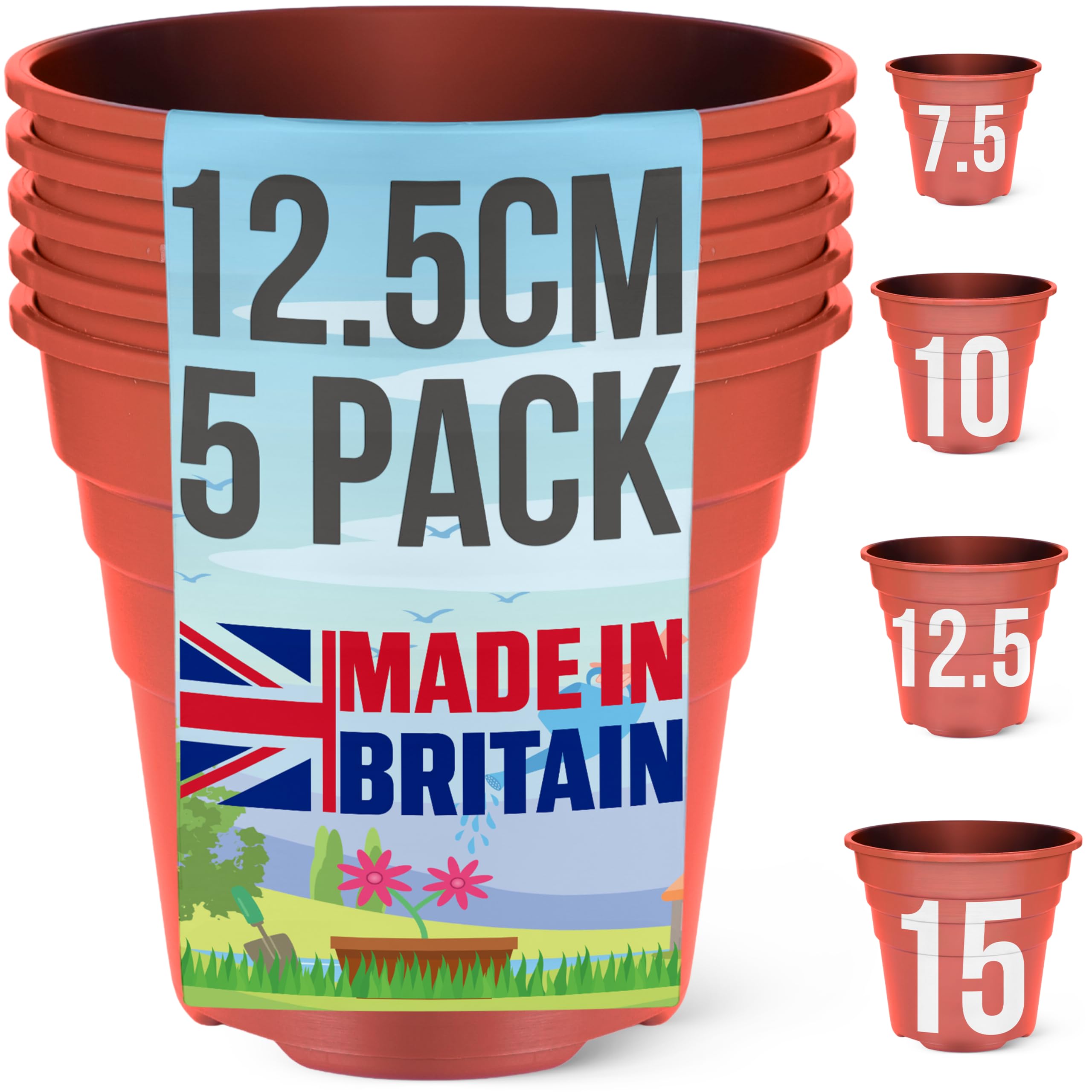 Happy Pots - 12.5cm Gloss Terracotta - Pack of 5 Premium Plastic Plant Pots - Reusable Flower Pots for Indoor/Outdoor Home Décor Gardening - Round, Heavy Duty, UV Resistant, Recyclable - Made in UK