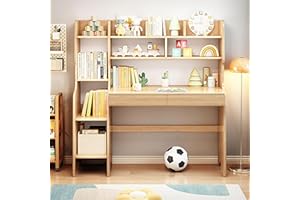 BALANBO Kids Desk＆Table with Shelves and Drawers Wooden Kids Media Desk Student Learning Computer Workstation and Writing Desk (Natural)
