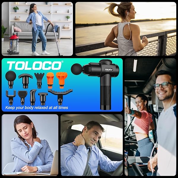 TOLOCO MASSAGE GUN, DEEP TISSUE BACK MASSAGE FOR ATHLETES FOR PAIN RELIEF, PERCUSSION MASSAGER WITH 10 MASSAGES HEADS & SILENT BRUSHLESS MOTOR, GIFTS FOR FATHERS DAY, BLACK