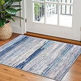 KOZYFLY Modern Abstract Small Area Rugs, 2x3 Washable Kitchen Rug Non-Slip Soft Small Bathroom Rug, Blue/Grey/Beige Striped Entryway Rugs Abstract Print Faux Wool Doormat for Bedside Entrance Bedroom