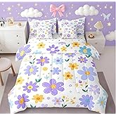 Feelyou Cute Flower 7 Piece Bedding Set Twin Size Kids Cartoon Cute Floral Bed in a Bag for Girls Teens Purple Yellow Comforter Set with Sheets Kawaii Bed Set