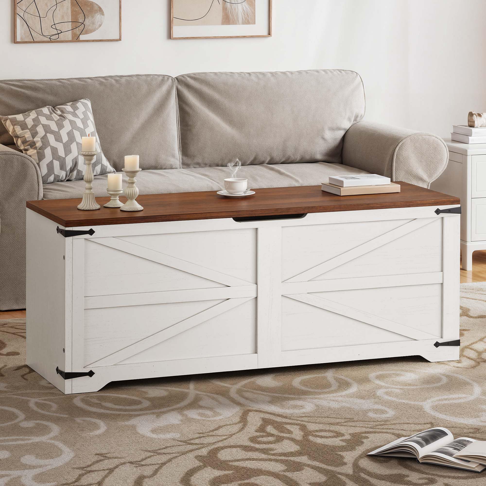 Photo 1 of DWVO Storage Bench, 47.2" Farmhouse Storage Chest with 2 Safety Hinges, Wooden Utility Organizer, Shoe Bench for Entryway, Bedroom, Living Room, White and Walnut