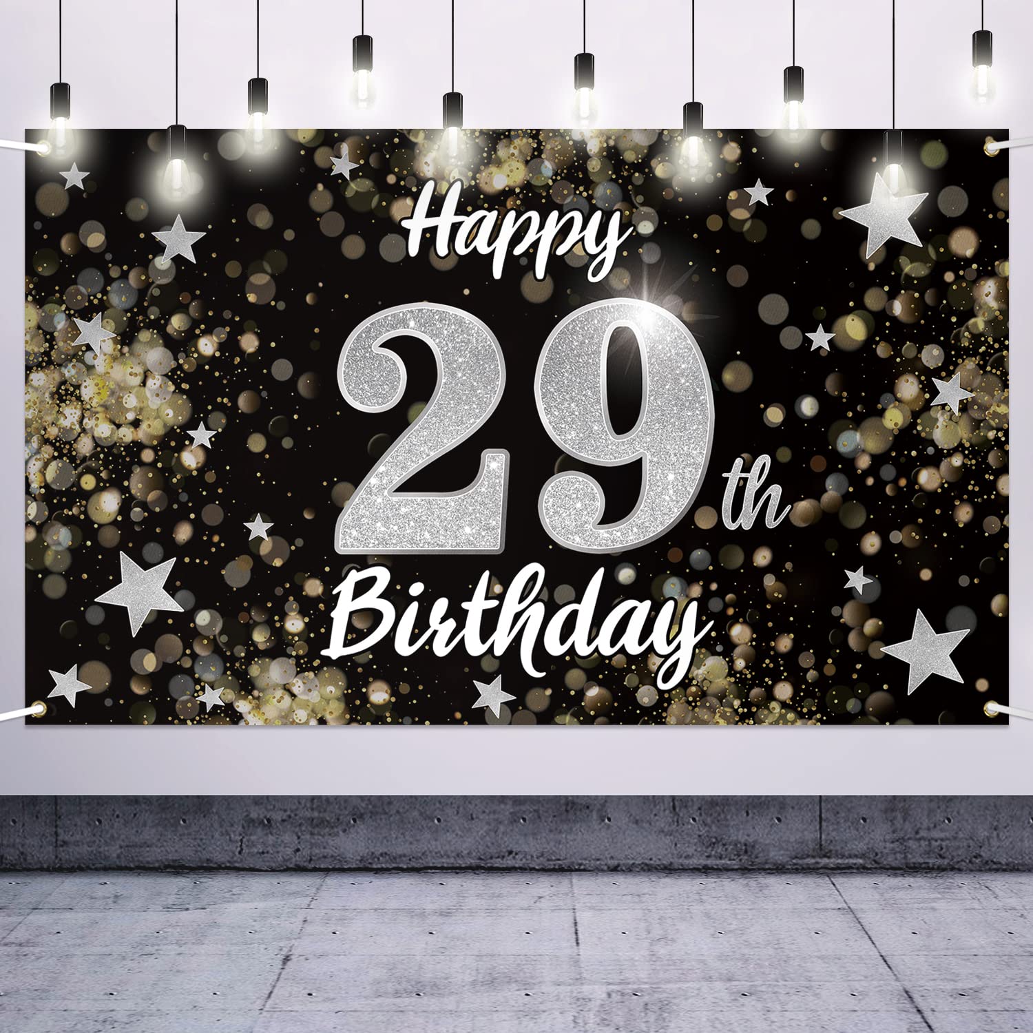 Photo 1 of Nelbiirth Happy 29th Birthday Decorations,29th Black & Silver Dream Star Large Birthday Banner Backdrop Sign - Cheers to 29 Years Old Bday Party Decoration.
