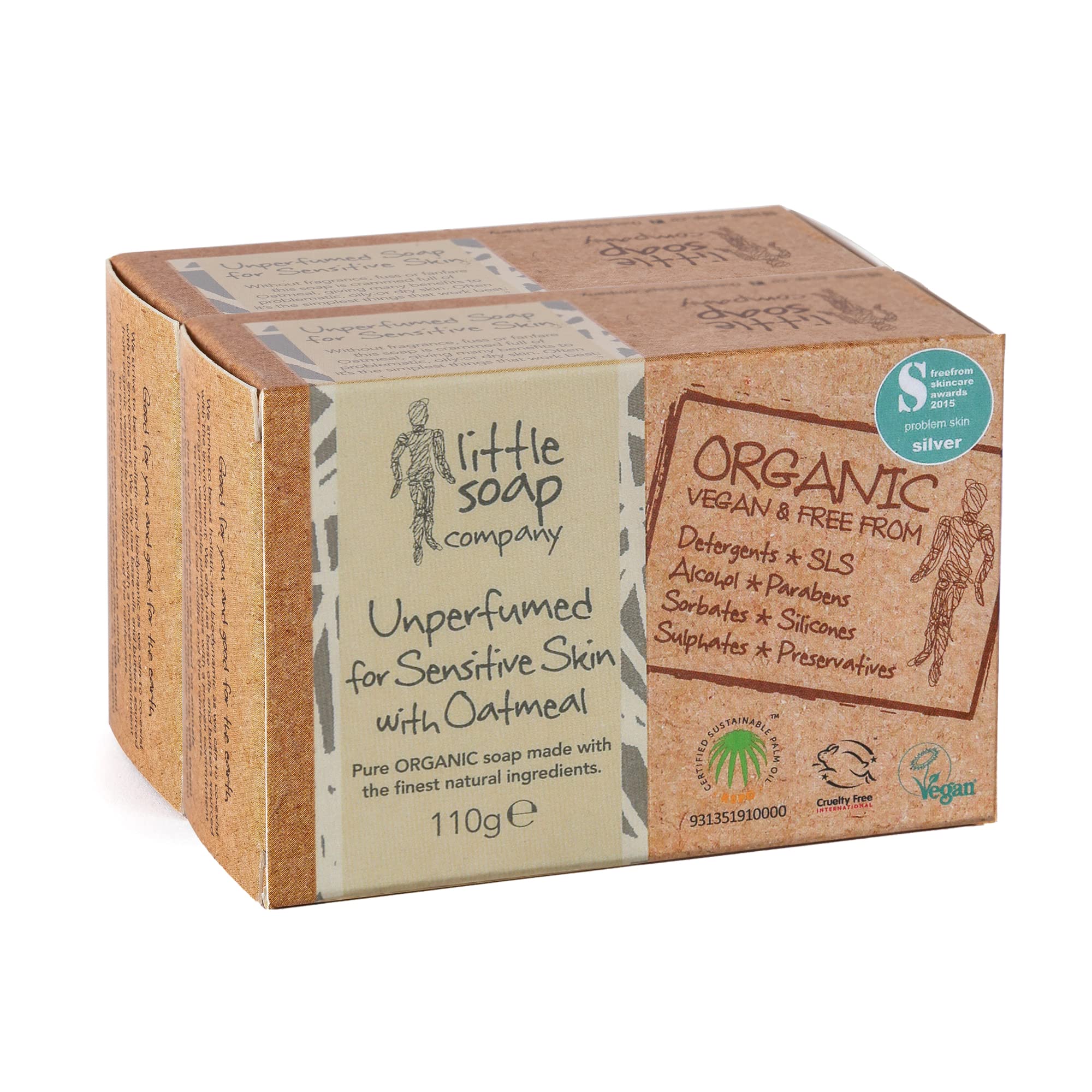 Little Soap Company Organic Range - Unperfumed Soap Bar Duo Pack,110gx2 | Natural, Vegan, Cruelty Free, Eco Friendly and Perfect for Sensitive Skin | Womens and mens gifts | free from SLS or Parabens