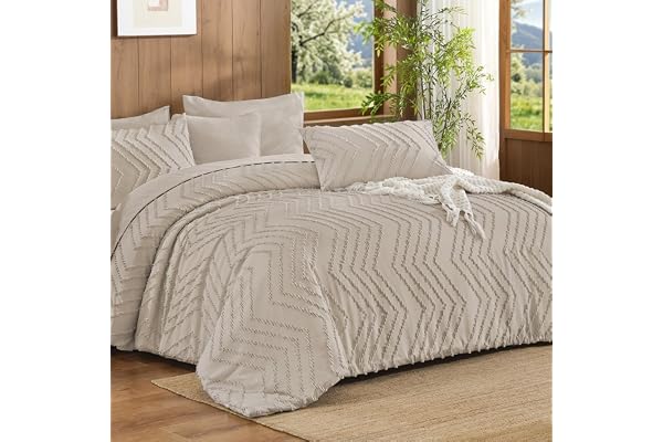 Andency Comforter Queen Size with Sheets Oatmeal,7 Pieces Bed in a Bag Queen Chevron Boho Soft Warm Tufted Neutral Bedding Se