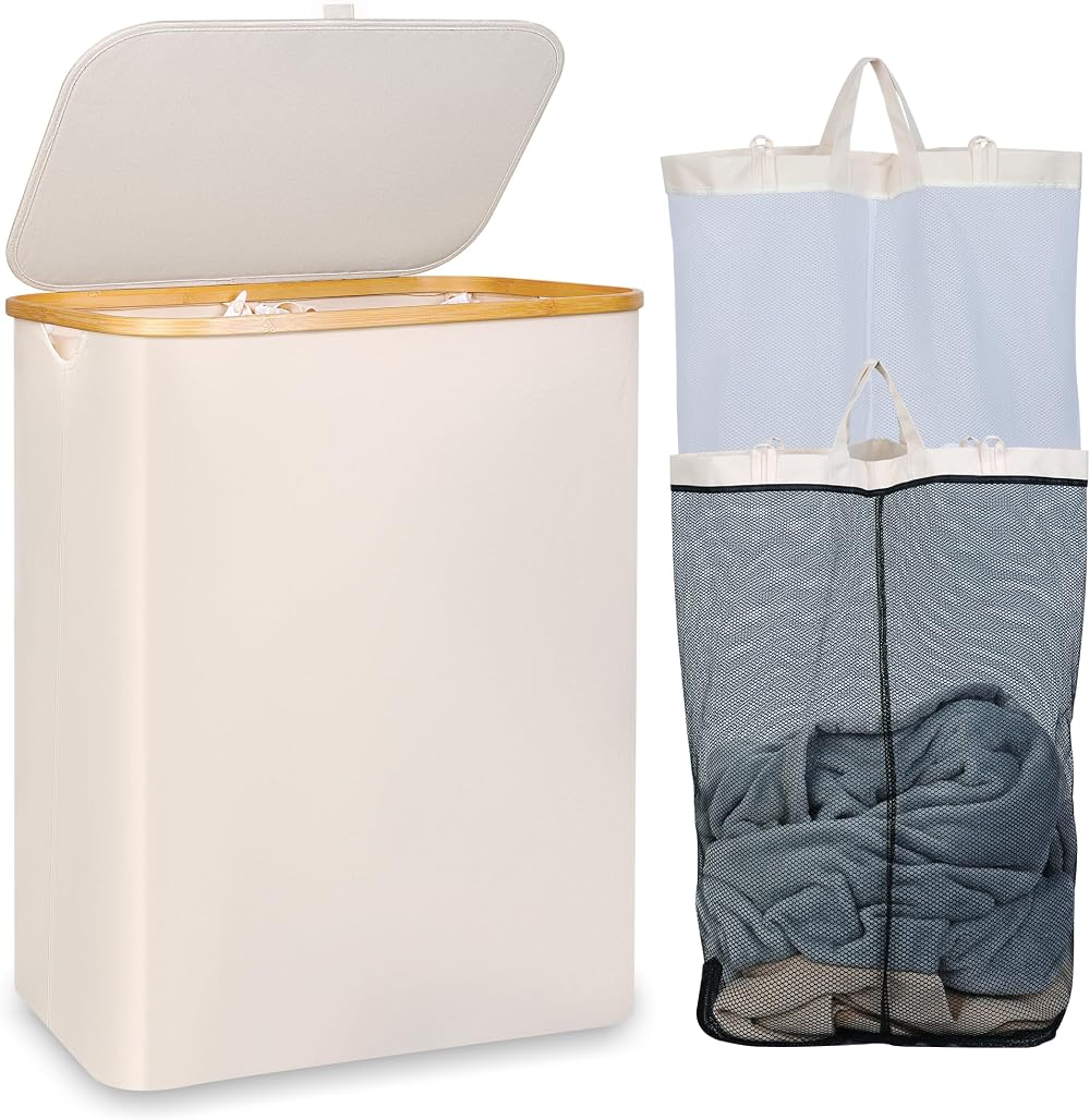 iEGrow 150L Extra Large 2-Compartment Laundry Basket with Lid Bamboo Handles